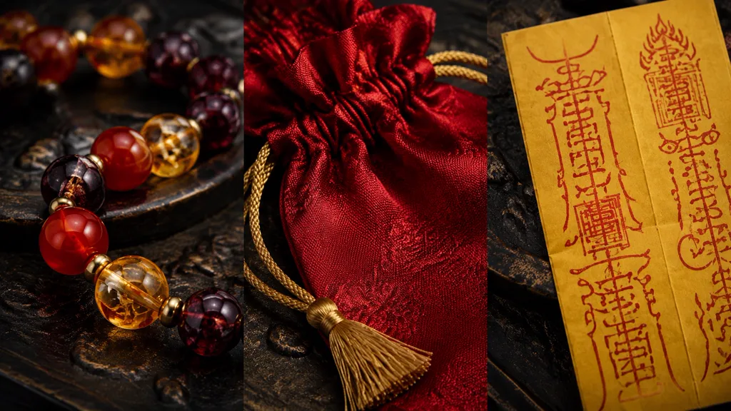 Close views of crystal beads, silk weave and Taoist talisman