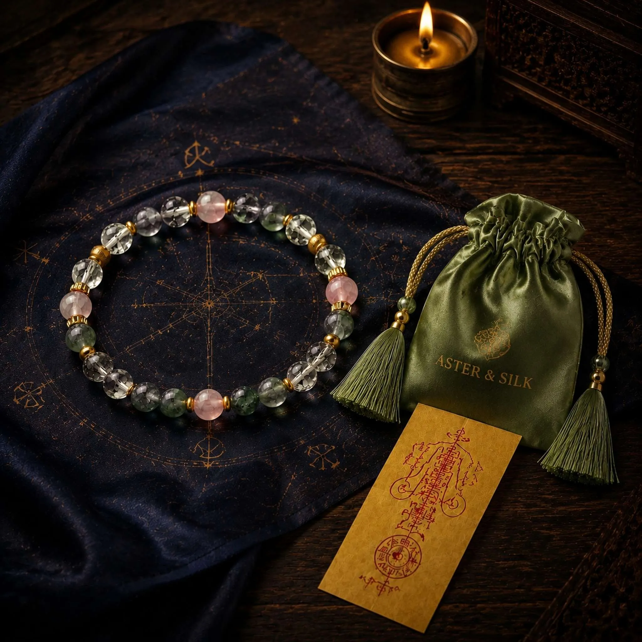 Wood Guardian complete set with silk pouch, talisman, and bracelet on an indigo astronomical surface